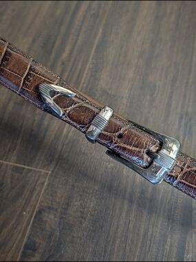 Onyx by Brighton Brown Alligator Leather Belt with Silver Buckle, Keeper And Tip